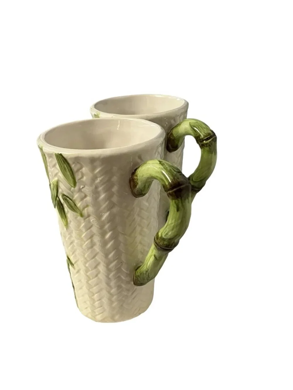 Vintage Bamboo Rattan Hand Painted Mug Set of 2 Cardinal Inc Tall Latte Cups Tro
